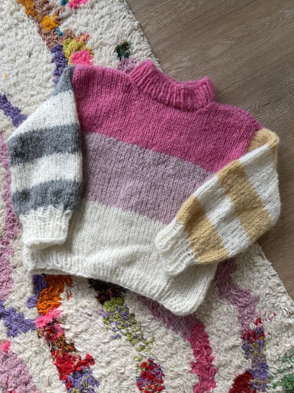 Alpaka Grobstrick Pullover - weiß/rosa/pink - Gr. S/M